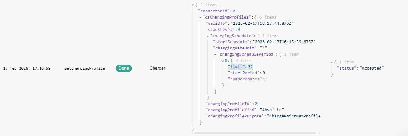 OCPP log detail view with structured message data