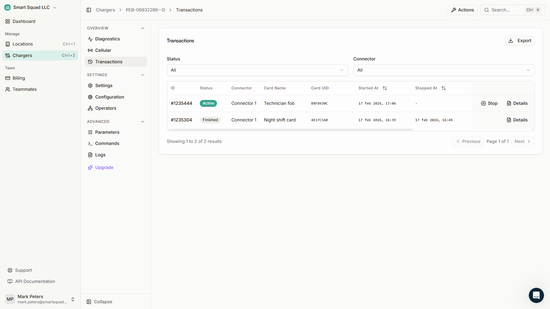 Plugchoice Web Portal transactions overview